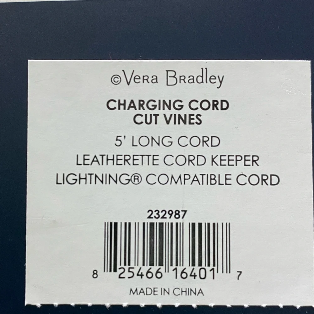 VERA BRADLEY 5’ Long 8-Pin Charging Woven Cable with Leatherette Cord Keeper